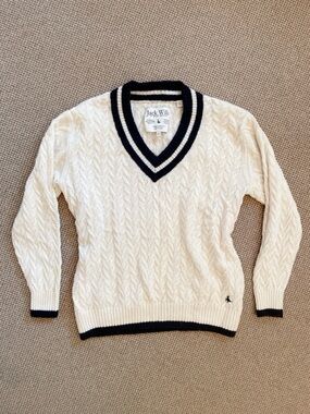 Jack Wills Cream Cable-Knit V-Neck Sweater with Navy Trim
